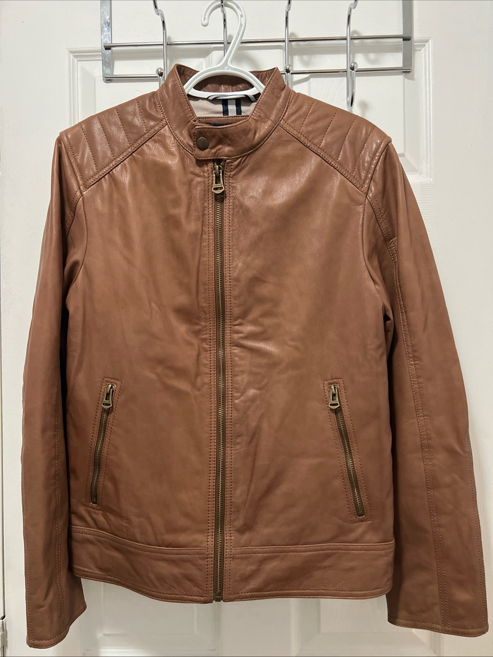 Cole Haan Mens Cognac Brown Washed Genuine Leather Moto Coat Jacket Size S/P